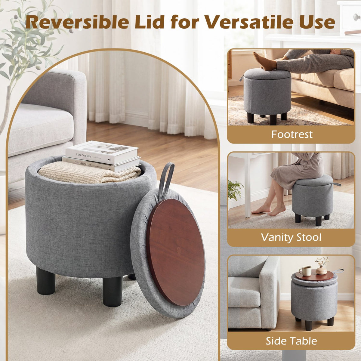 Round Storage Ottoman Linen Fabric Upholstered Footrest Stool-Gray view 9