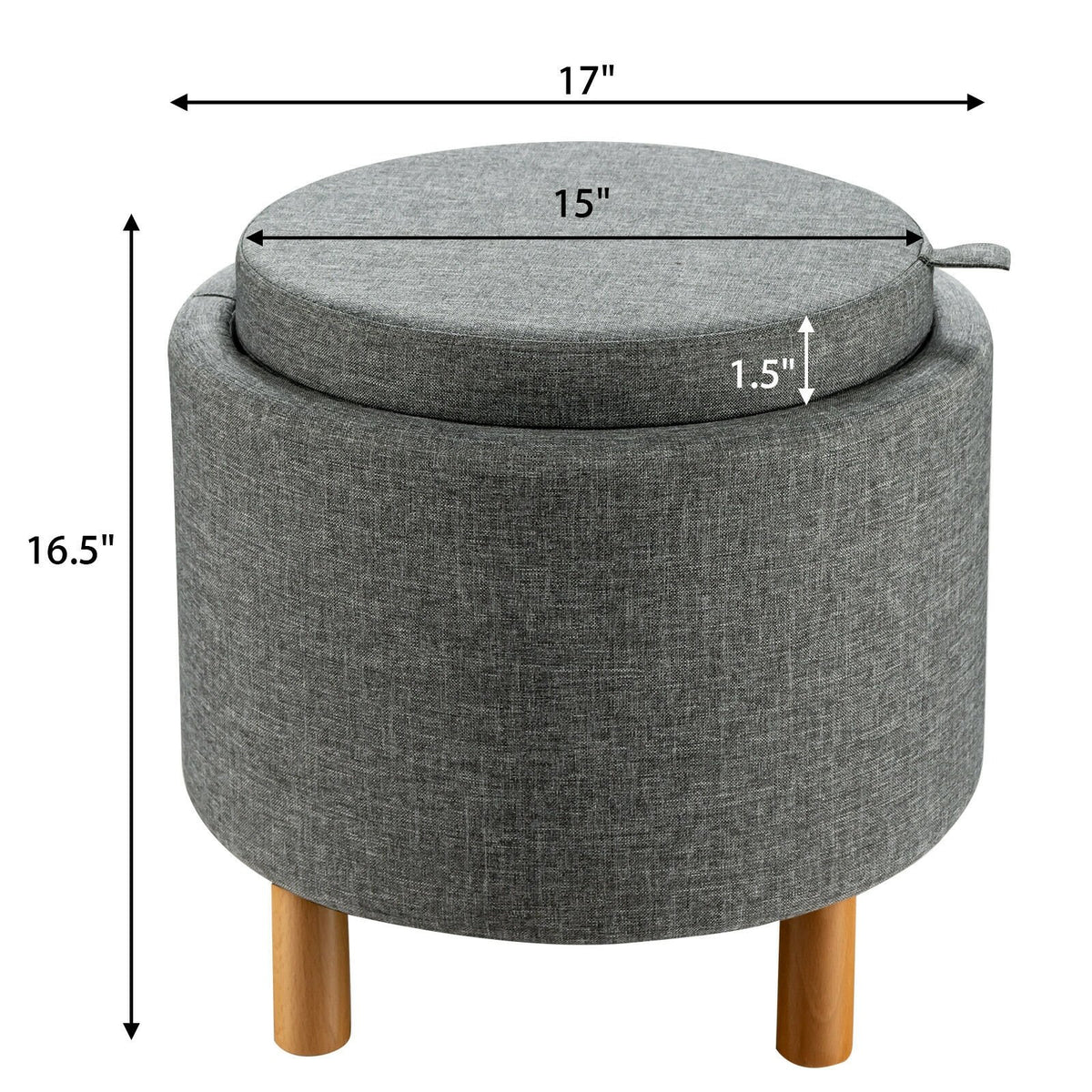 Round Fabric Storage Ottoman with Tray and Non-Slip Pads for Bedroom-Gray view 5