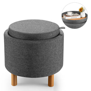 Round Fabric Storage Ottoman with Tray and Non-Slip Pads for Bedroom-Gray view 6