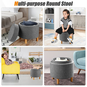 Round Fabric Storage Ottoman with Tray and Non-Slip Pads for Bedroom-Gray view 7