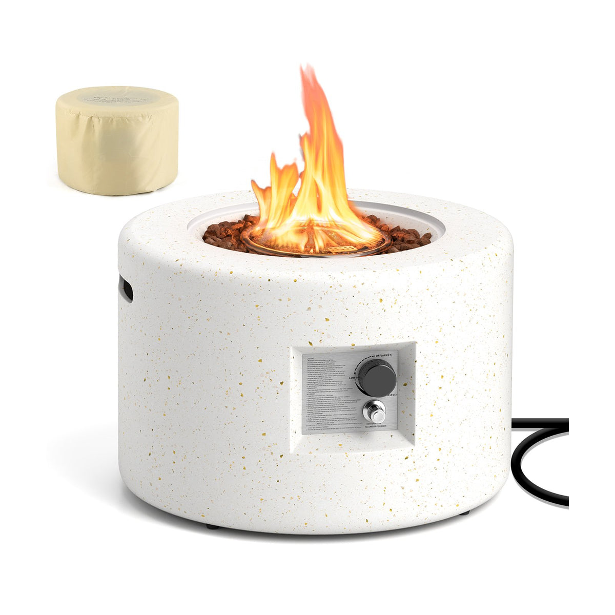 Round Terrazzo Propane Gas Fire Pit Protective PVC Cover, Lava Rocks Included