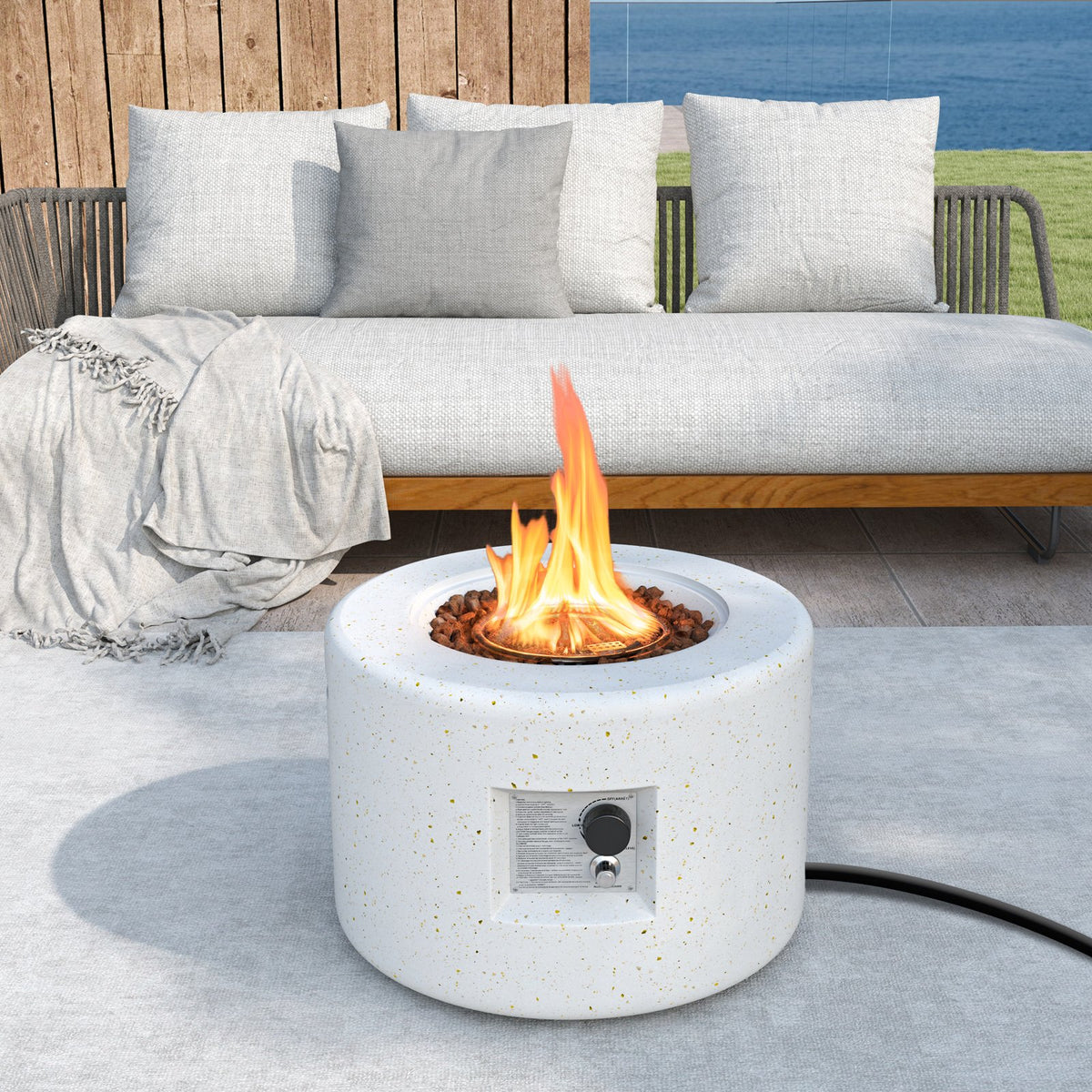 Round Terrazzo Propane Gas Fire Pit Protective PVC Cover, Lava Rocks Included view 2
