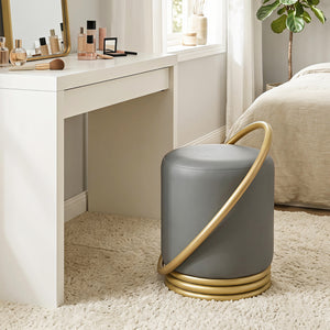 Round Vanity Stool Faux Leather Makeup Chair with Gold Halo Design-Grey view 2