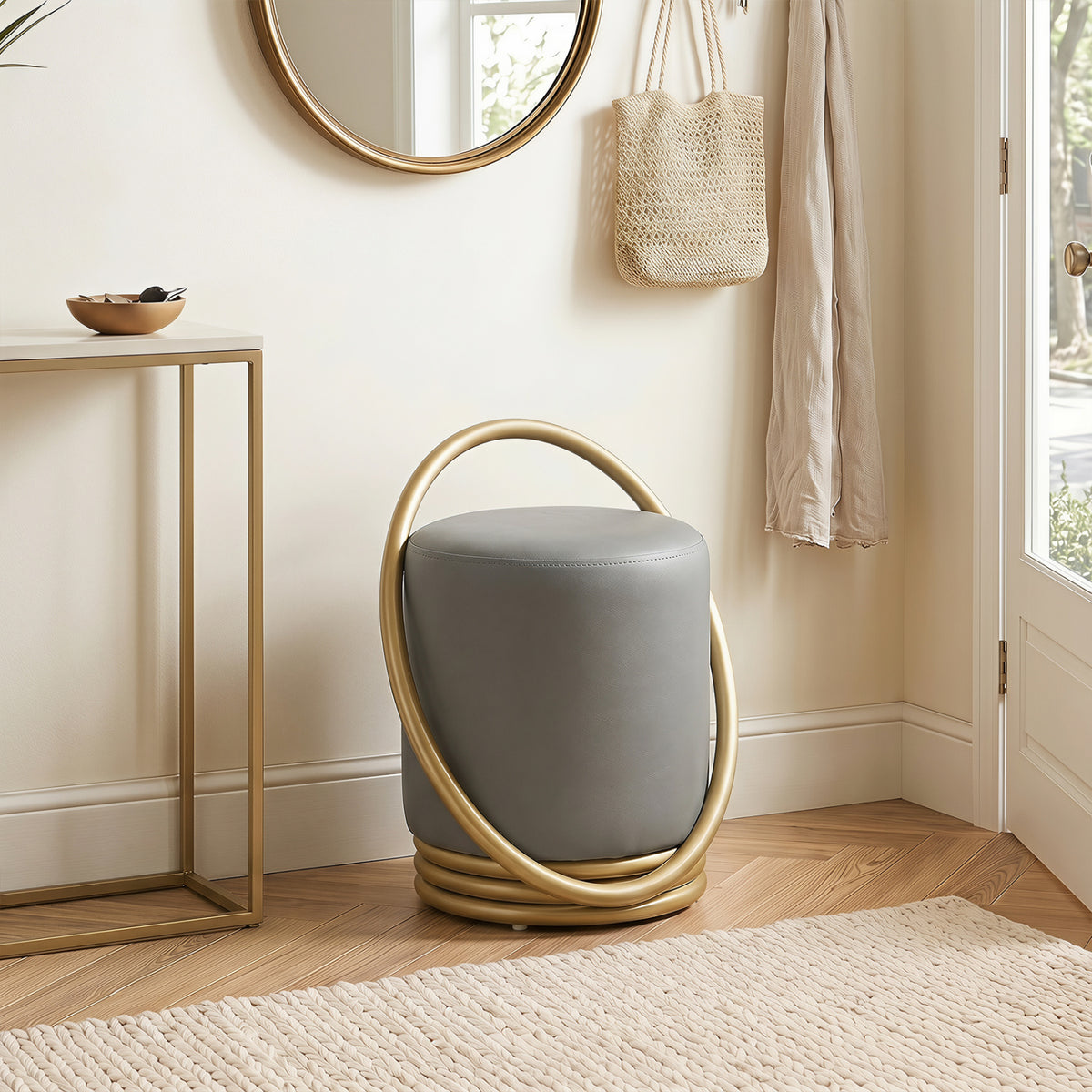 Round Vanity Stool Faux Leather Makeup Chair with Gold Halo Design-Grey view 5