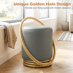 Round Vanity Stool Faux Leather Makeup Chair with Gold Halo Design-Grey view 7