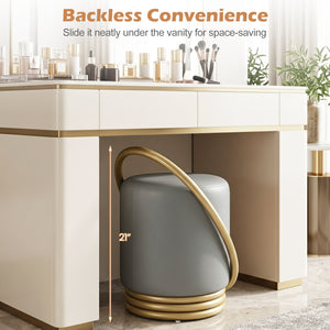 Round Vanity Stool Faux Leather Makeup Chair with Gold Halo Design-Grey view 9