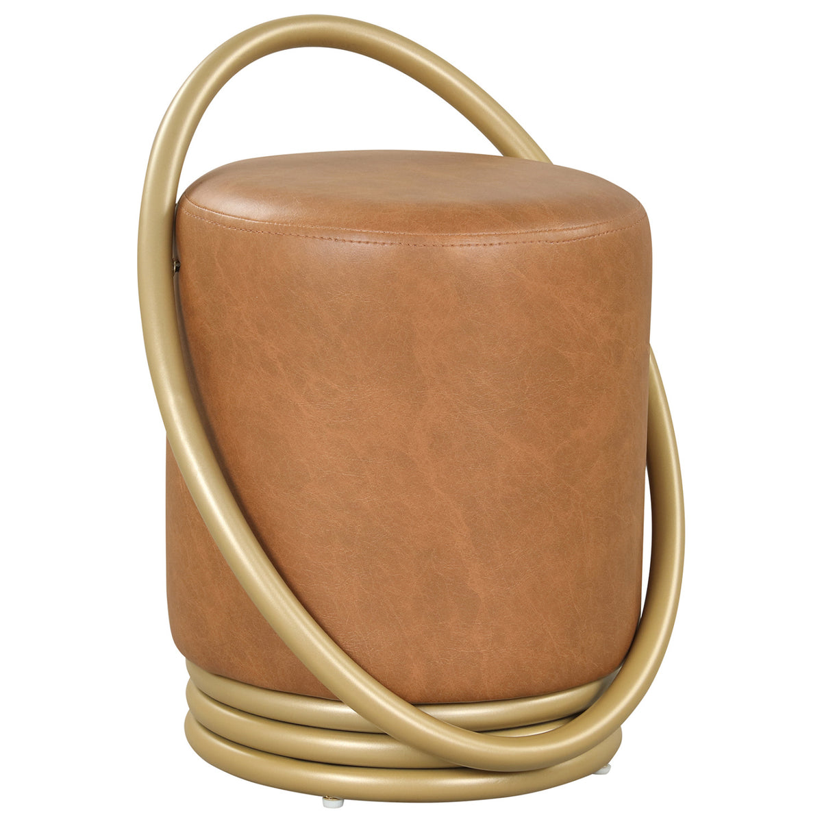 Round Vanity Stool Faux Leather Makeup Chair with Gold Halo Design-Yellow