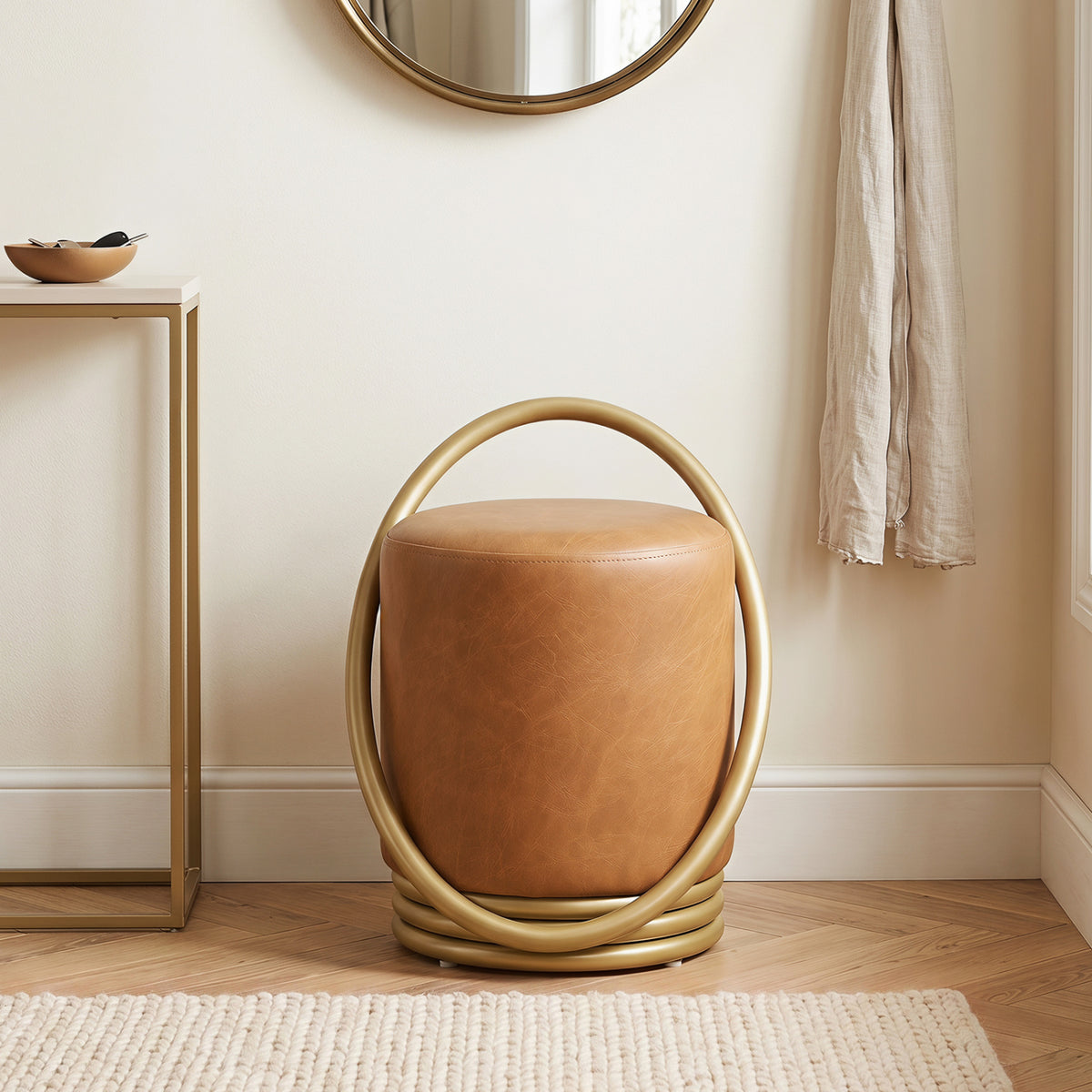 Round Vanity Stool Faux Leather Makeup Chair with Gold Halo Design-Yellow view 5