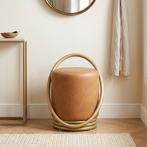Round Vanity Stool Faux Leather Makeup Chair with Gold Halo Design-Yellow view 5