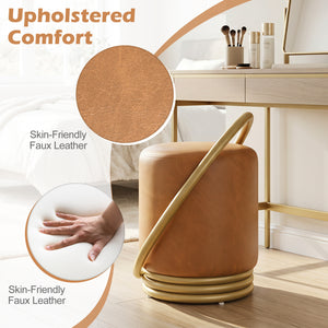 Round Vanity Stool Faux Leather Makeup Chair with Gold Halo Design-Yellow view 6