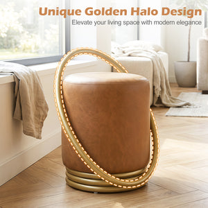 Round Vanity Stool Faux Leather Makeup Chair with Gold Halo Design-Yellow view 7