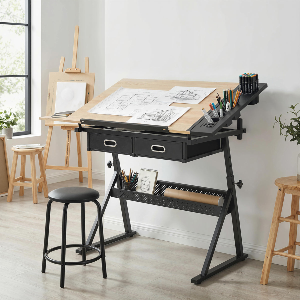 Adjustable Drafting Table, Art Desk Drawing Table Workstation with Stool and Storage Drawers for Painting, Oak