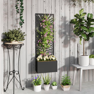 Raised Garden Bed with Outdoor Privacy Screen, Metal Planter Box with Trellis, Wall-Mounted or Freestanding, Black