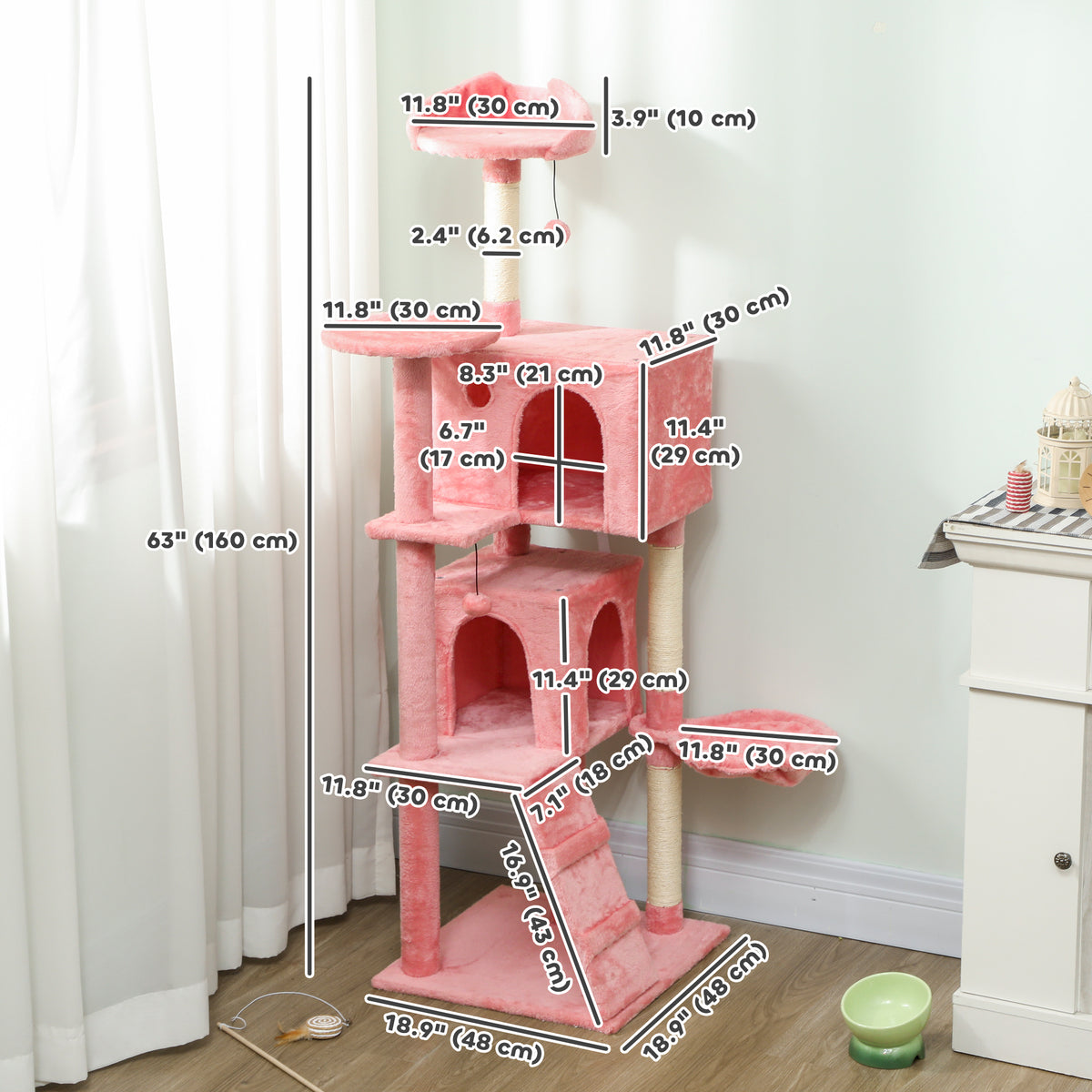 63 Inch Cat Tree with Sisal Scratching Posts, Condos, Plush Perches, Hammock, Ladder, Dangling Balls, Beige – view 30