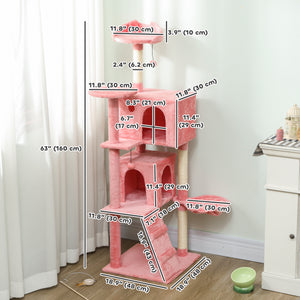 63 Inch Cat Tree with Sisal Scratching Posts, Condos, Plush Perches, Hammock, Ladder, Dangling Balls, Beige – view 30