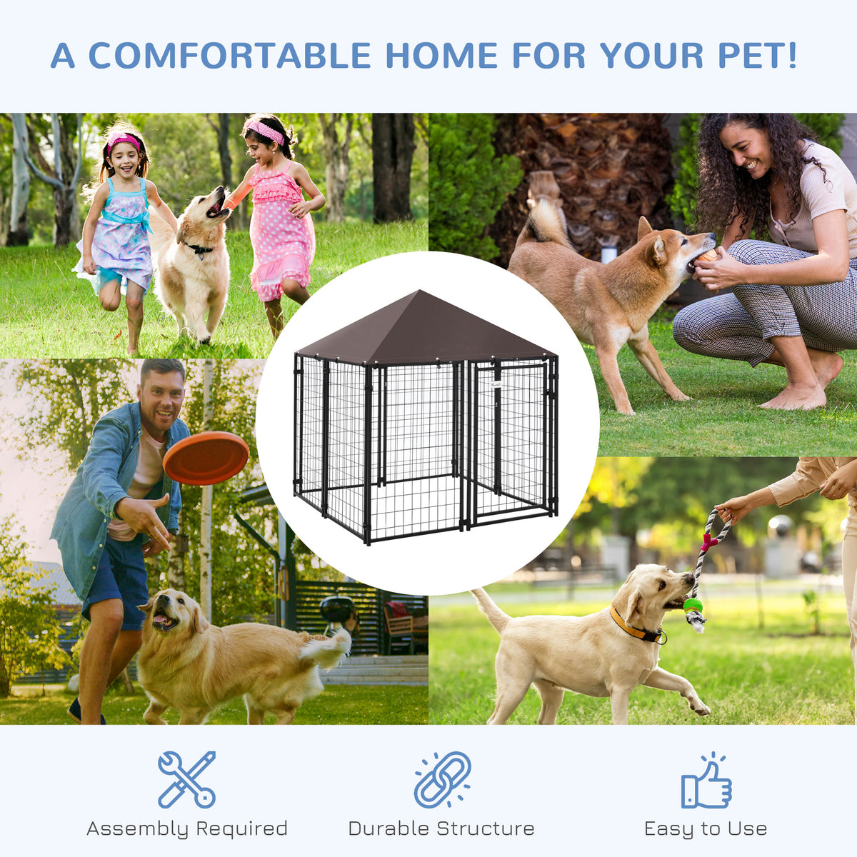 Outdoor Dog Kennel, Welded Wire Steel Fence, Lockable Pet Playpen Crate, with Water-, UV-Resistant Canopy Top, Door, 4.6ft x 4.6ft x 5ft, Black