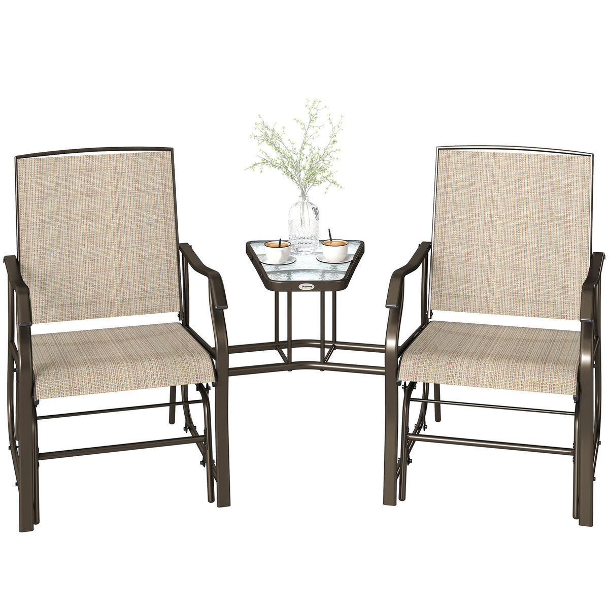 Double Patio Glider Chair with Glass Top Center Table, Outdoor Glider Loveseat with High Back – view 3
