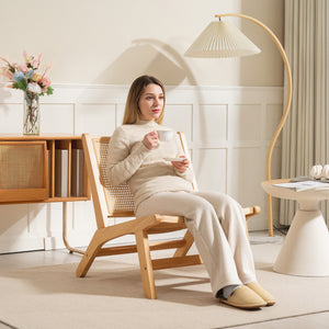 Rattan Accent Chair, Mid-Century Leisure Chair with Rubber Wood Frame, for Bedroom Living Room, Natural