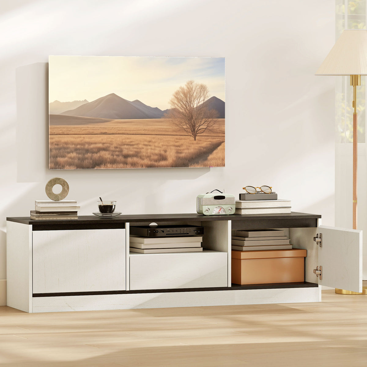 TV Stand for 55-60 Inch TV,  Entertainment Center w/ Cabinets, Shelf, Drawer and Cable Management for Living Room, White