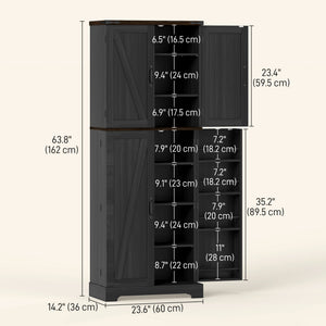 64" Tall Kitchen Pantry Cabinet with Spice Racks and Adjustable Shelves, Black Wood Grain