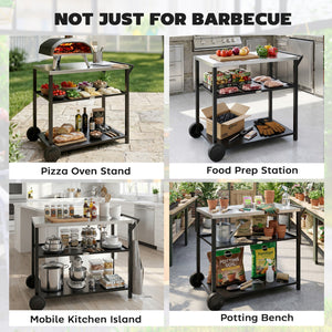 Outdoor Grill Cart with Stainless Steel Top, Three-Tier Pizza Oven Stand, BBQ Cart on Wheels, Black