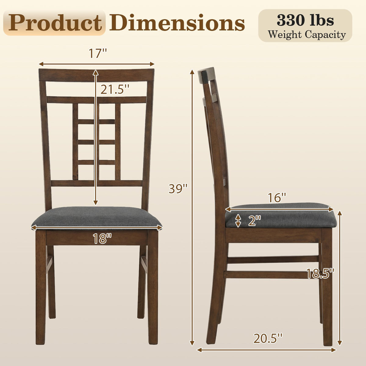 Rubber Wood Dining Chairs Set of 2 with Lattice Back-Brown view 4