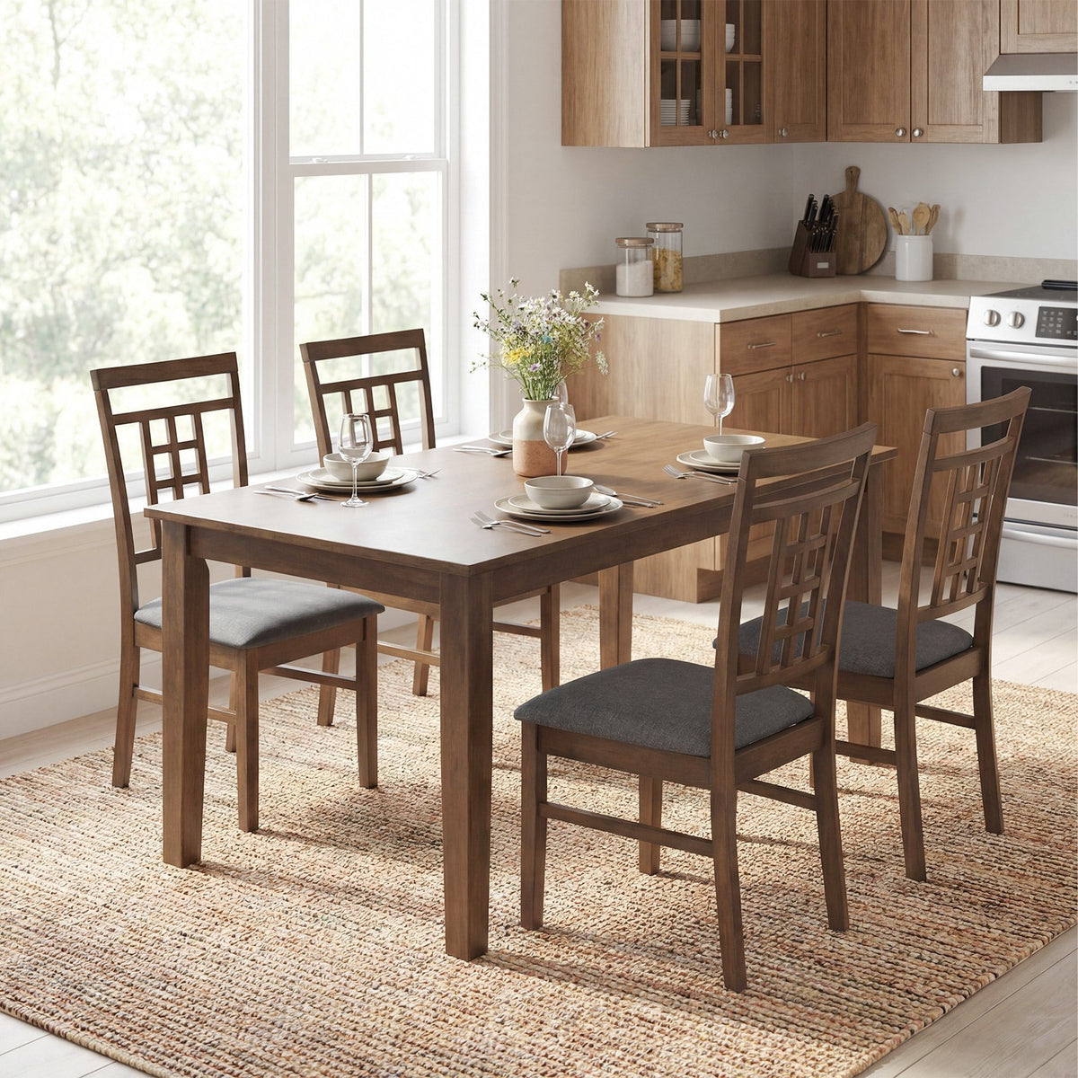 Rubber Wood Dining Chairs Set of 2 with Lattice Back-Brown view 5