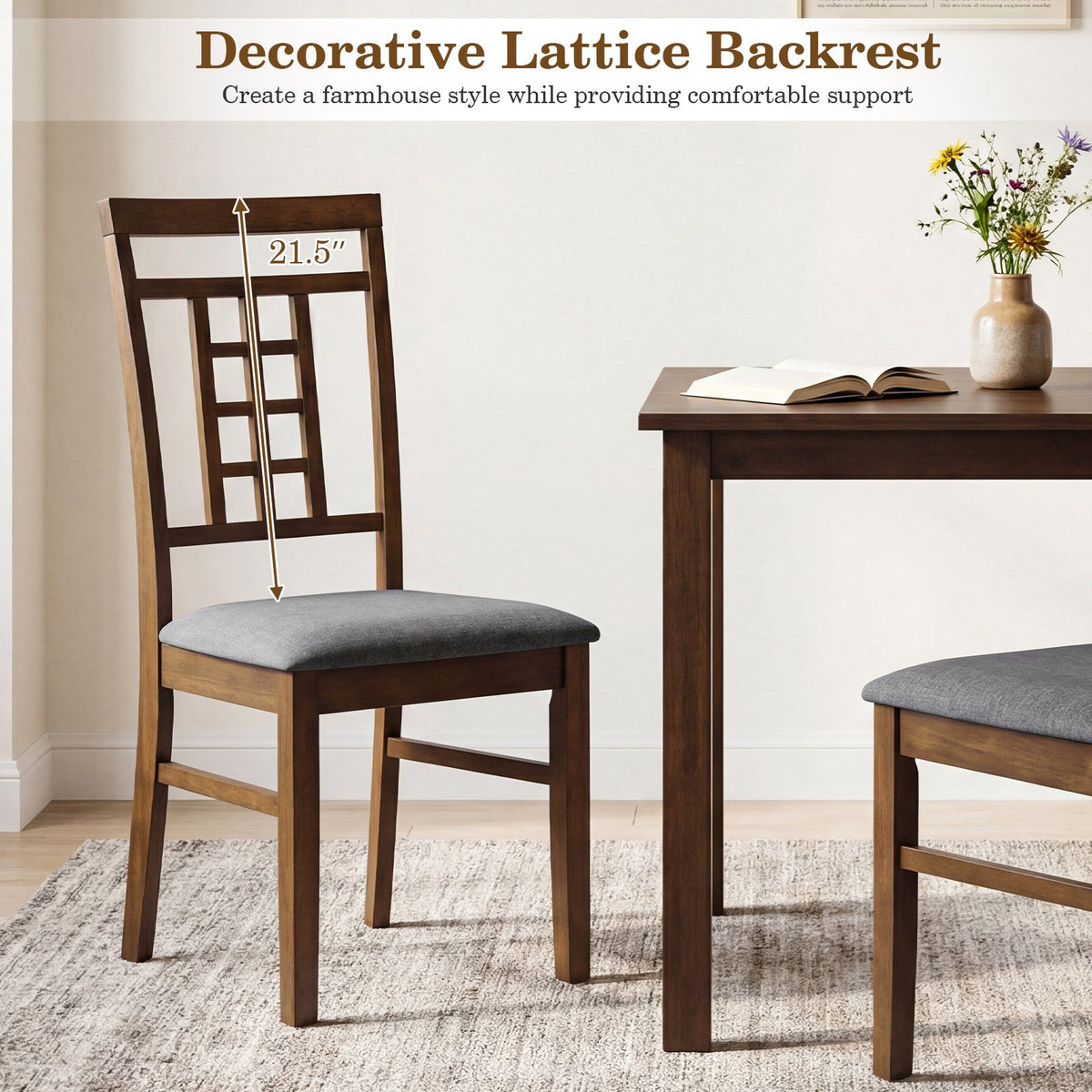 Rubber Wood Dining Chairs Set of 2 with Lattice Back-Brown view 7