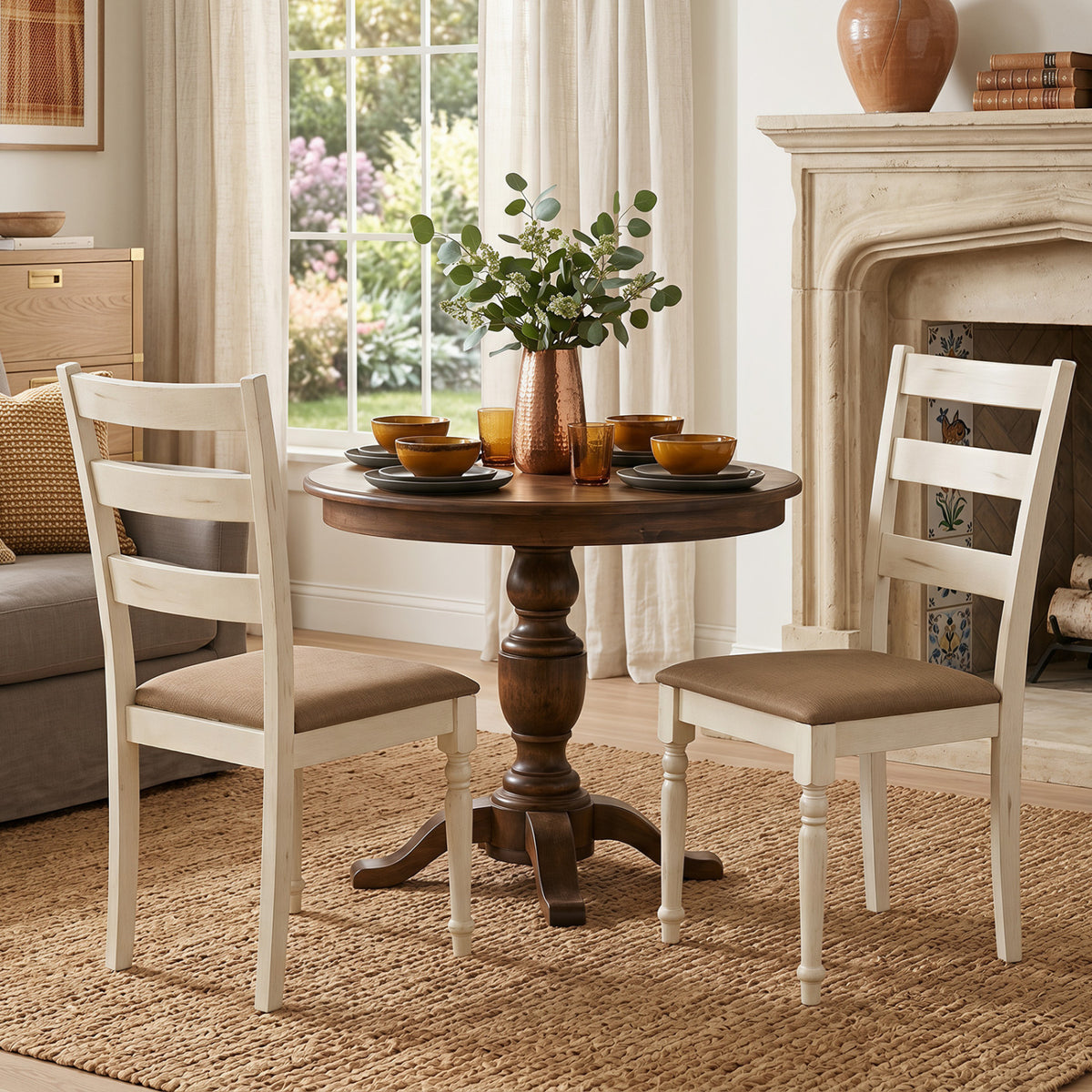 Rubber Wood Dining Chairs Set of 2 with Padded Linen Seat & Slatted Backrest-White view 3