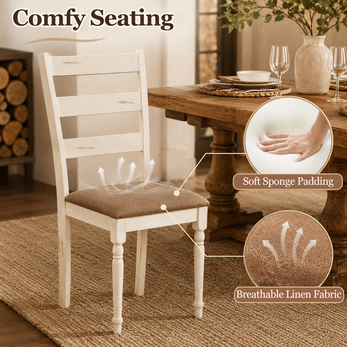 Rubber Wood Dining Chairs Set of 2 with Padded Linen Seat & Slatted Backrest-White view 5