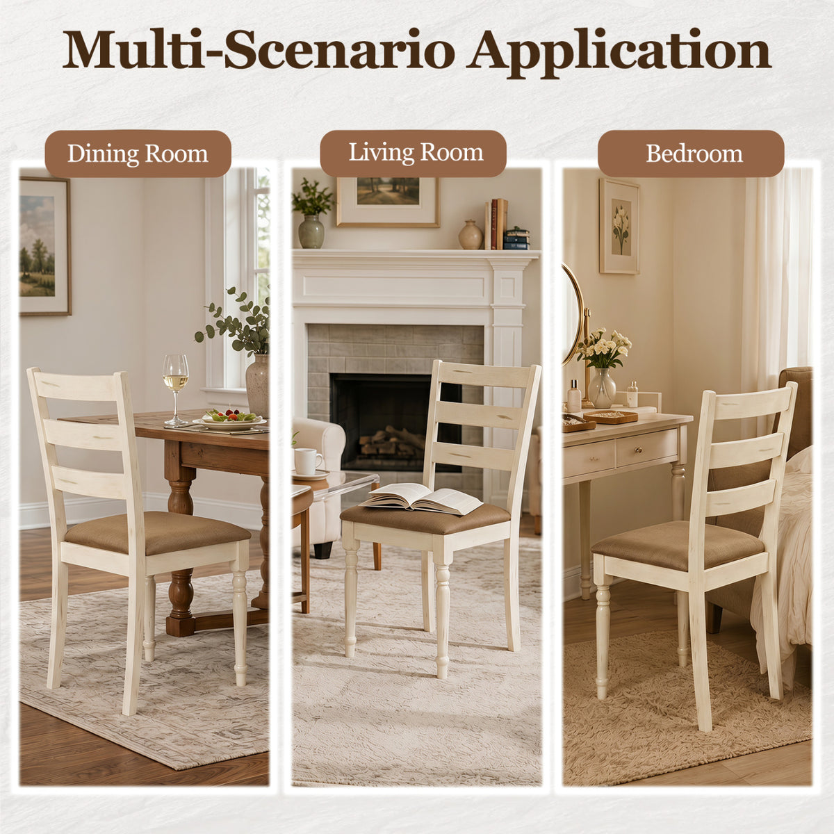 Rubber Wood Dining Chairs Set of 2 with Padded Linen Seat & Slatted Backrest-White view 7