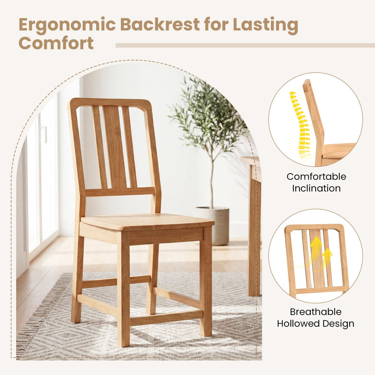 Rubber Wood Dining Chairs Set of 4 with Hollowed Backrest-Natural view 7
