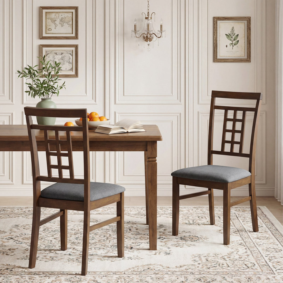 Rubber Wood Dining Chairs Set of 4 with Lattice Back-Brown view 2