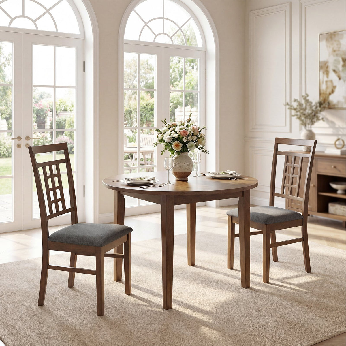 Rubber Wood Dining Chairs Set of 4 with Lattice Back-Brown view 3