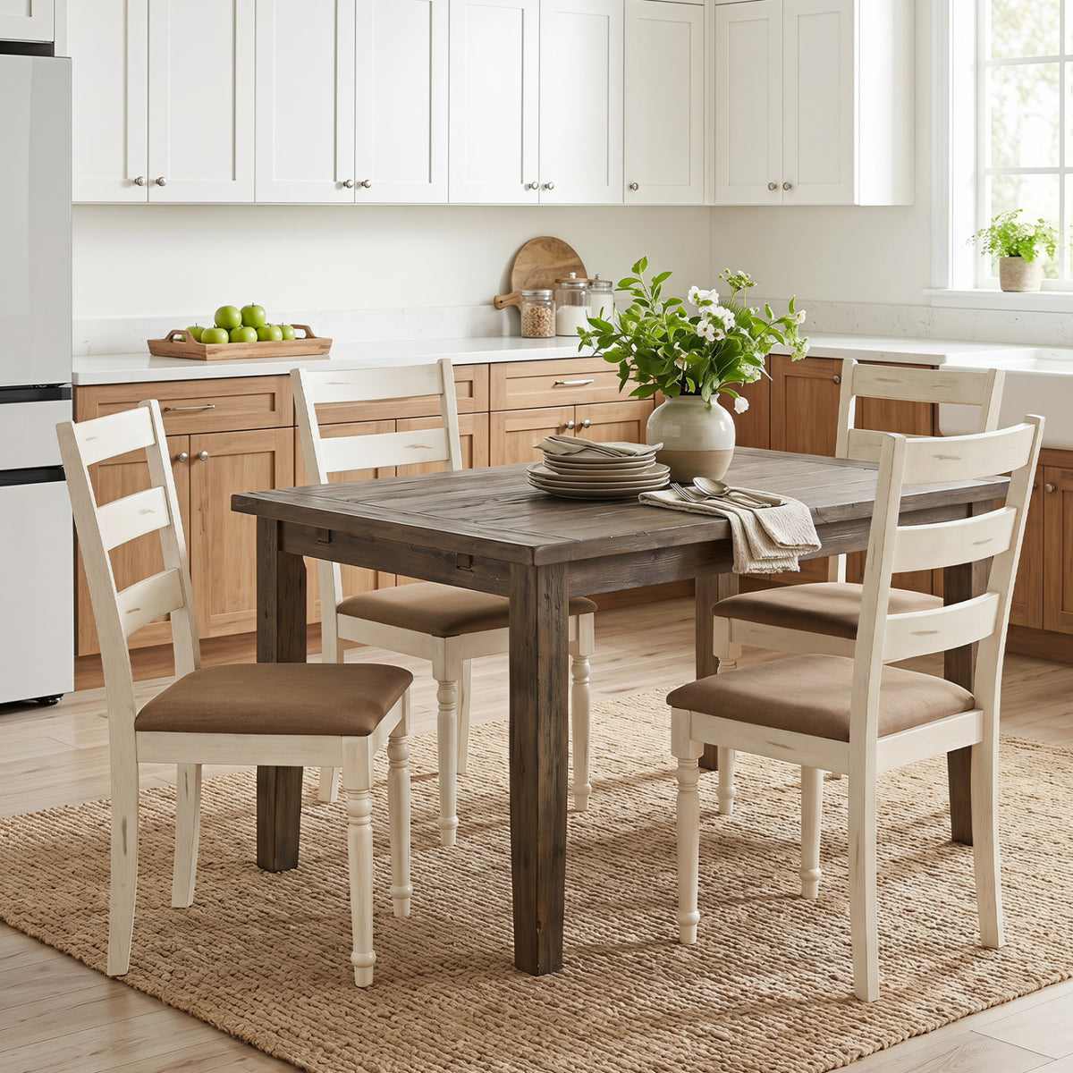 Rubber Wood Dining Chairs Set of 4 with Padded Linen Seat & Slatted Backrest-White view 2