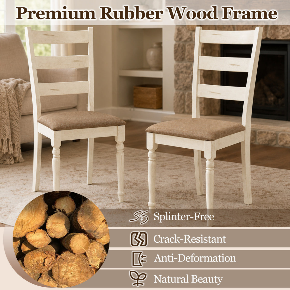 Rubber Wood Dining Chairs Set of 4 with Padded Linen Seat & Slatted Backrest-White view 6