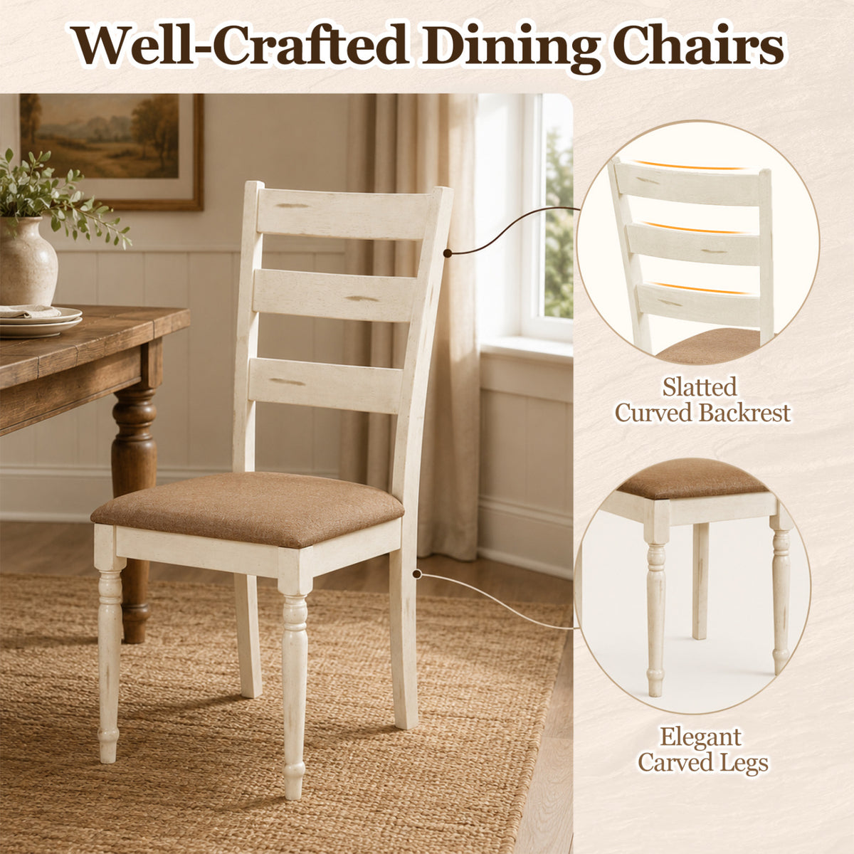 Rubber Wood Dining Chairs Set of 4 with Padded Linen Seat & Slatted Backrest-White view 8