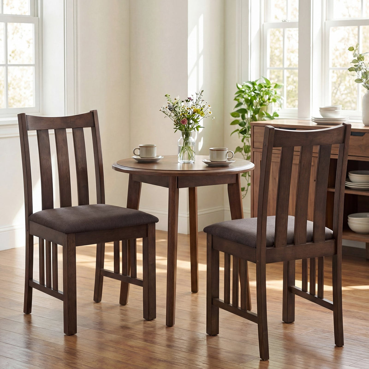 Rubber Wood Dining Chairs Side Chairs Set of 2 with Slat Back-Brown view 2