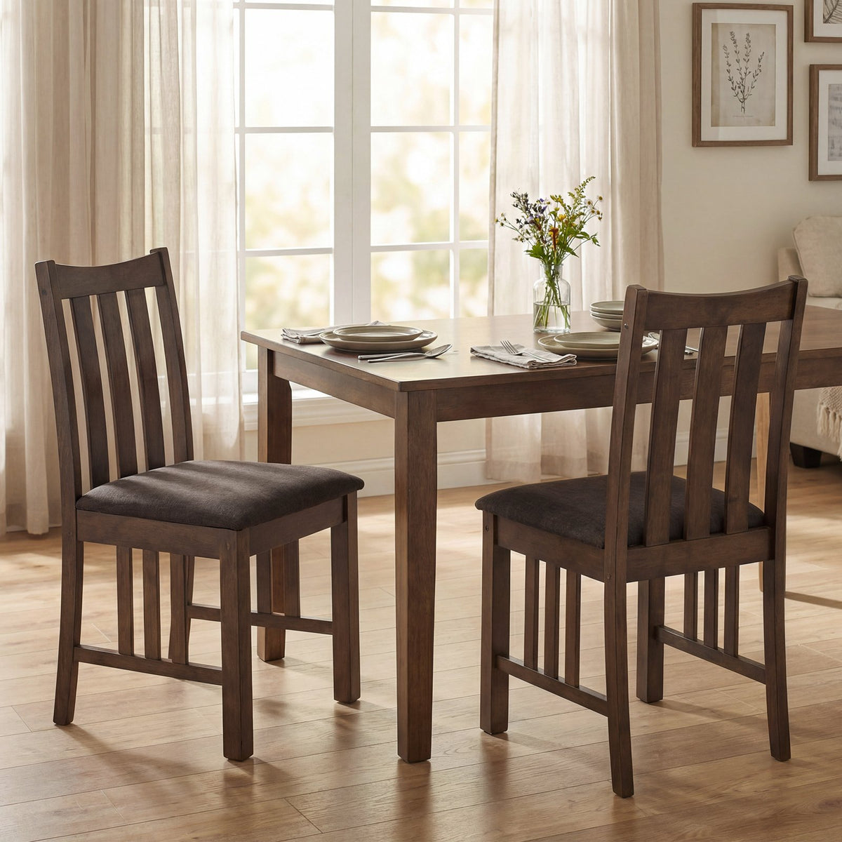 Rubber Wood Dining Chairs Side Chairs Set of 2 with Slat Back-Brown view 3