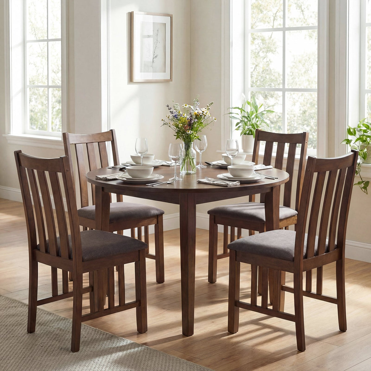 Rubber Wood Dining Chairs Side Chairs Set of 4 with Slat Back-Brown view 3