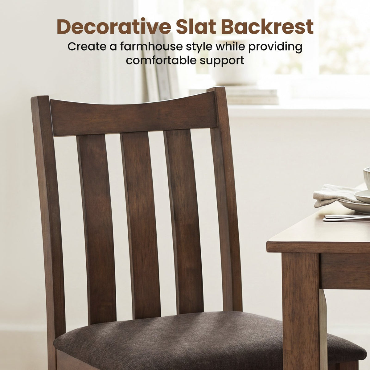 Rubber Wood Dining Chairs Side Chairs Set of 4 with Slat Back-Brown view 7