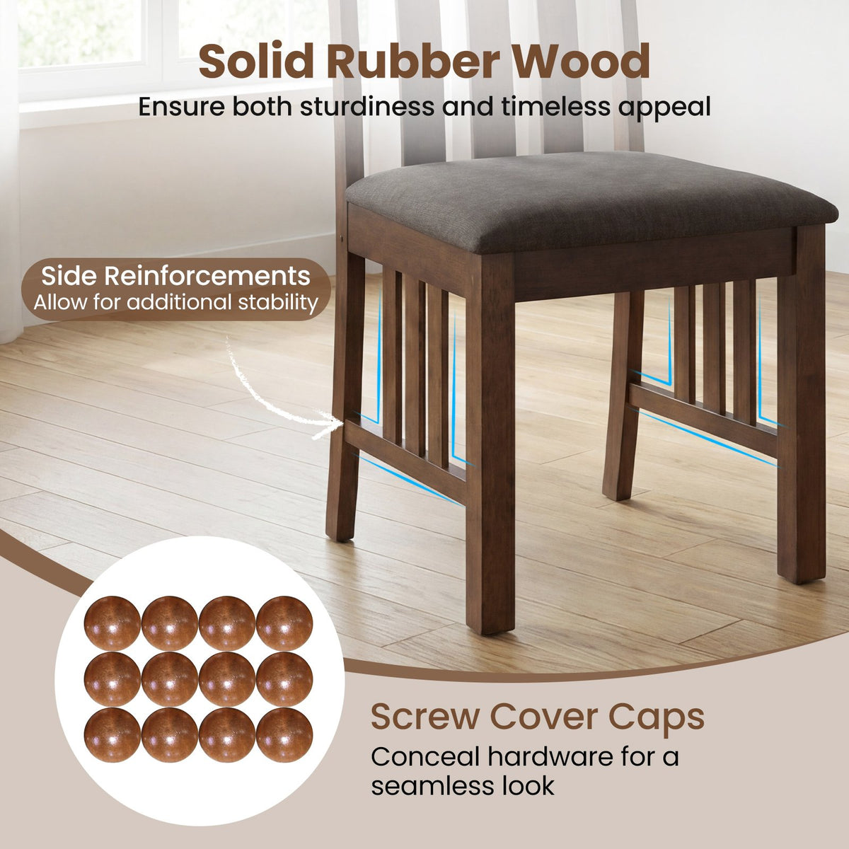Rubber Wood Dining Chairs Side Chairs Set of 4 with Slat Back-Brown view 9