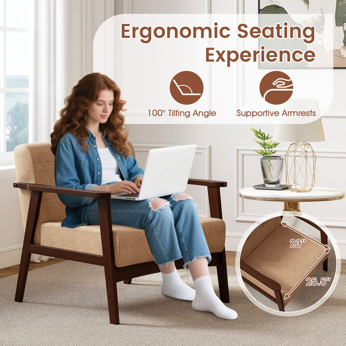 Rubber Wood Frame Accent Chair with Armrest for Living Room-Beige view 6