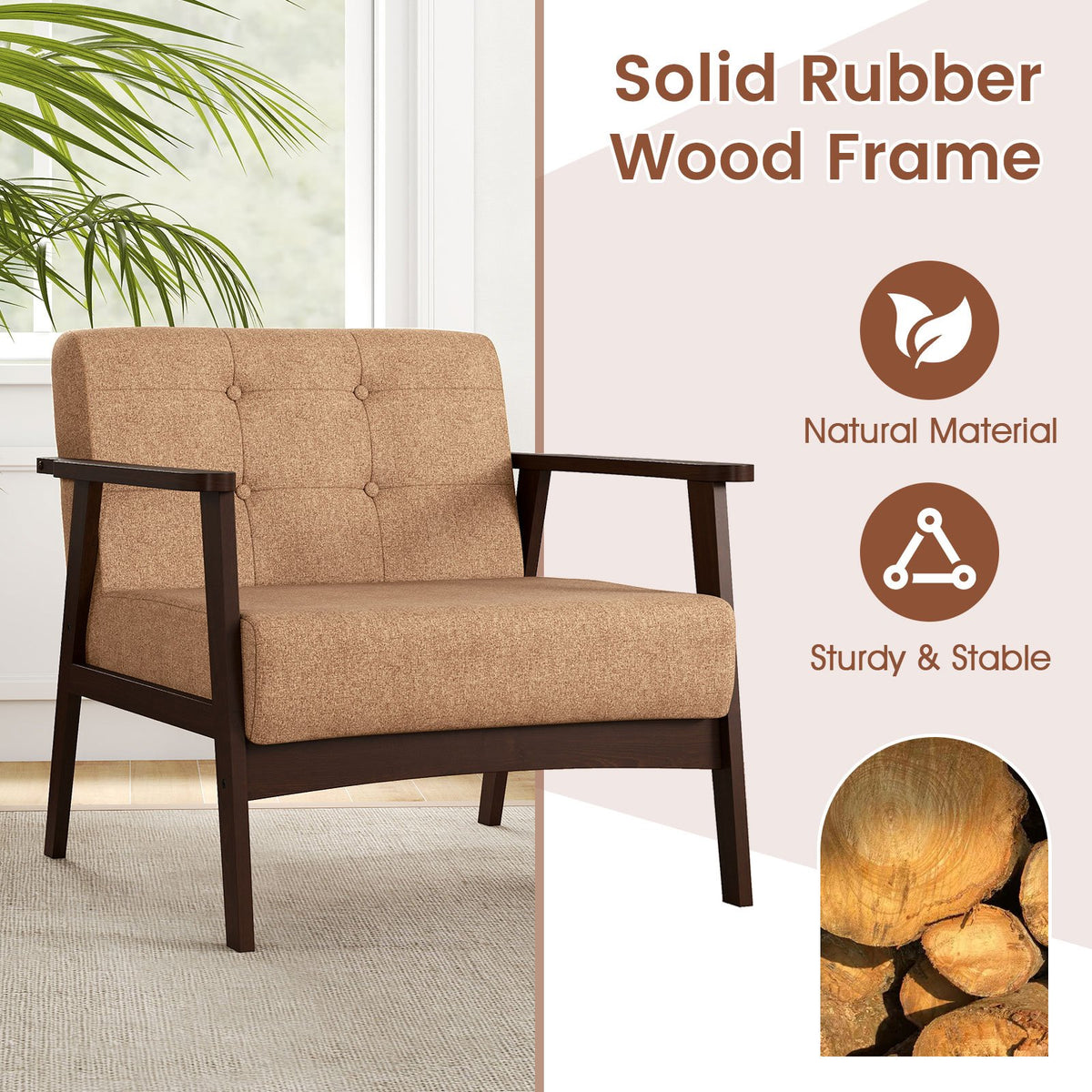 Rubber Wood Frame Accent Chair with Armrest for Living Room-Beige view 7