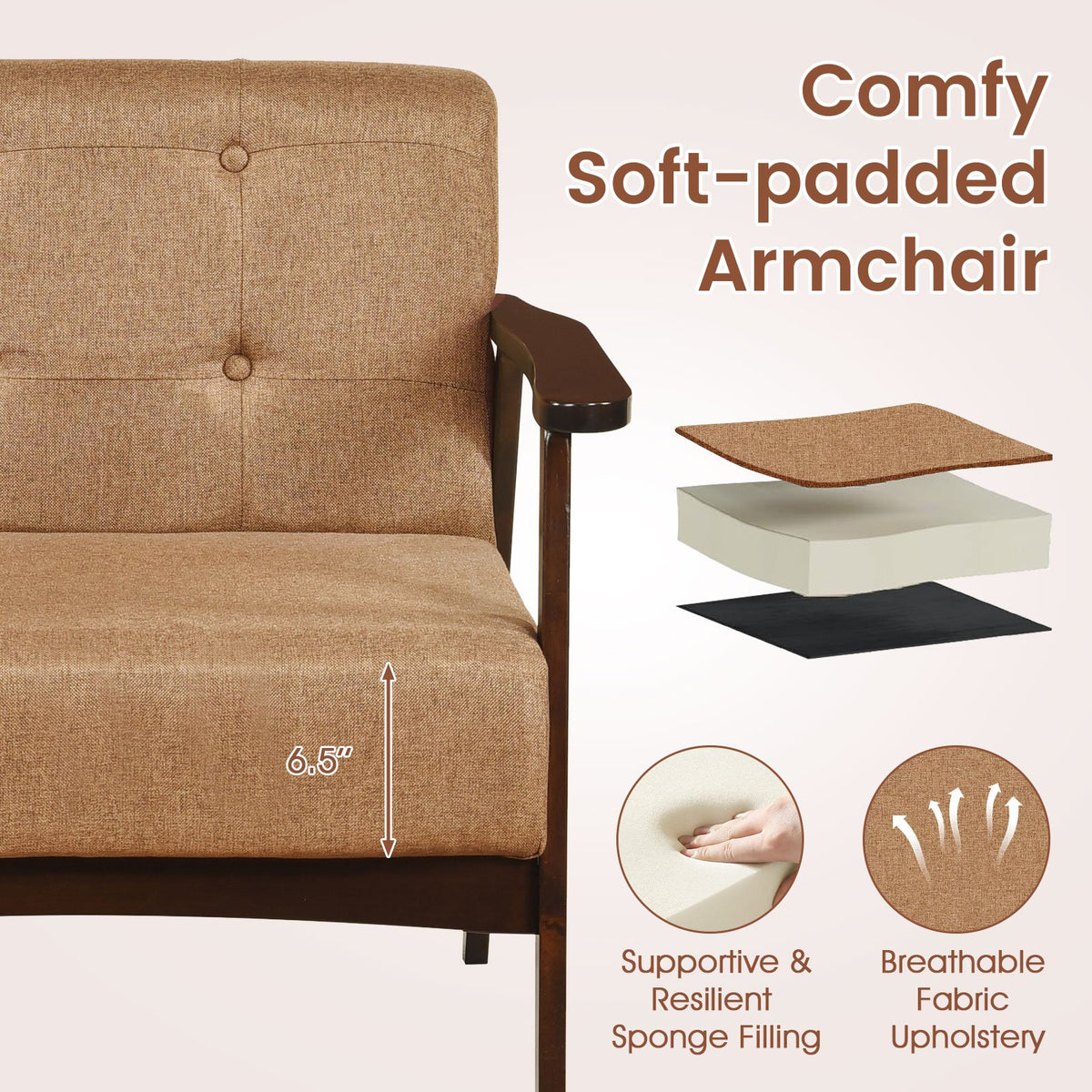 Rubber Wood Frame Accent Chair with Armrest for Living Room-Beige view 8