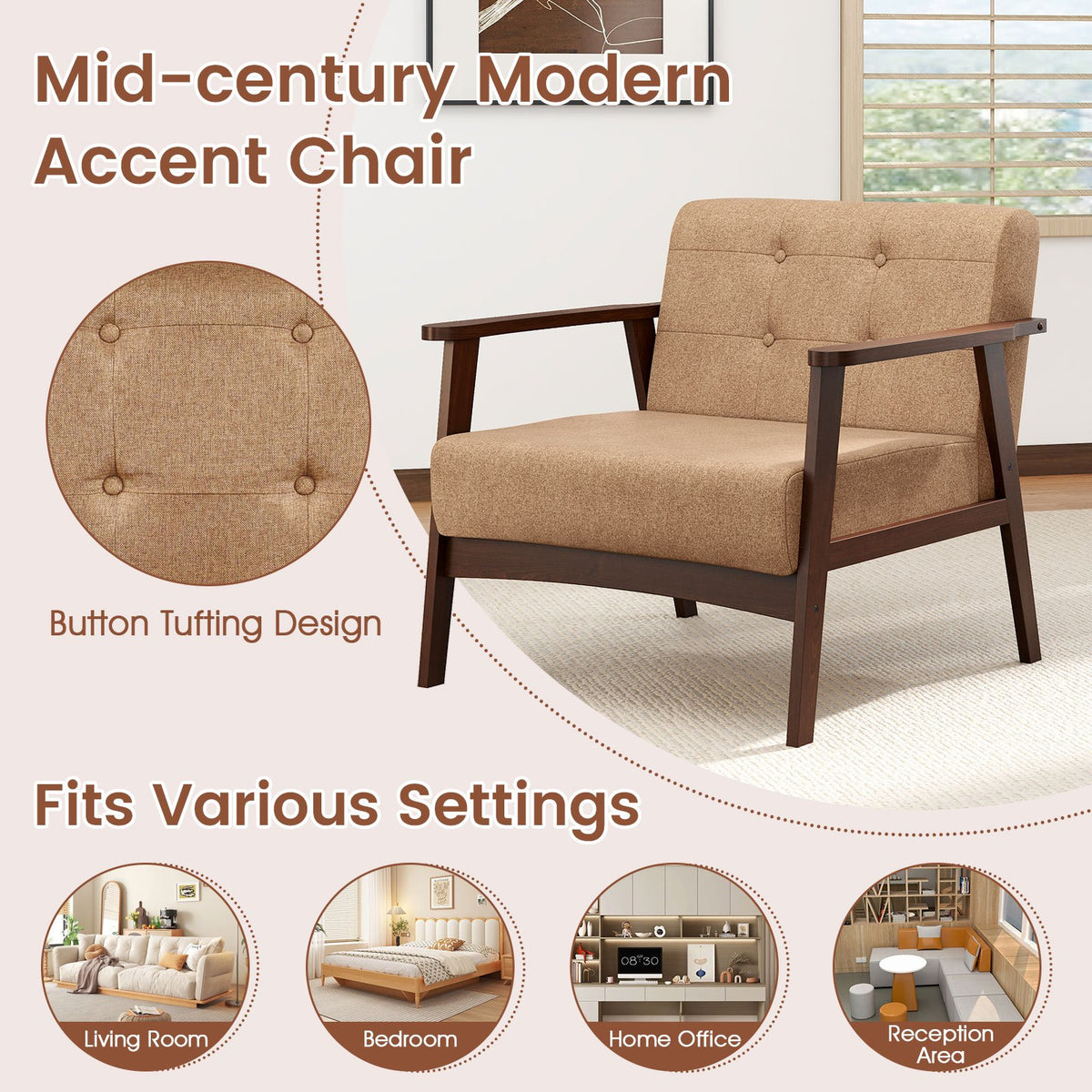 Rubber Wood Frame Accent Chair with Armrest for Living Room-Beige view 9