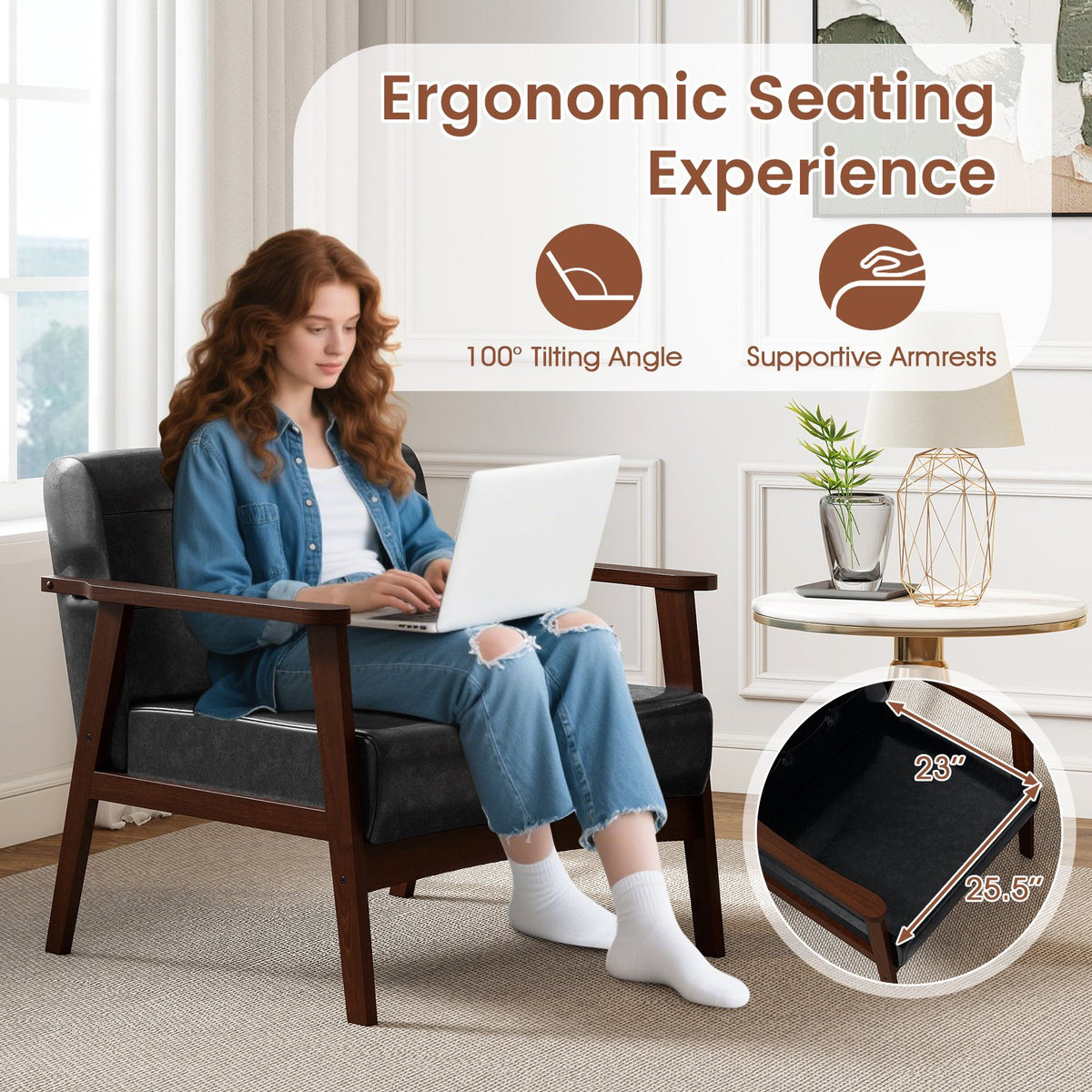 Rubber Wood Frame Accent Chair with Armrest for Living Room-Black view 6