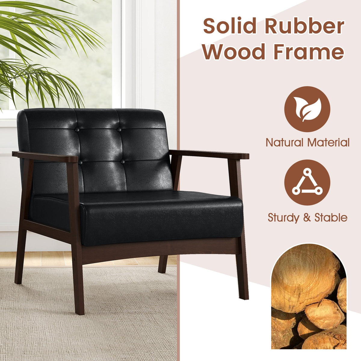Rubber Wood Frame Accent Chair with Armrest for Living Room-Black view 7