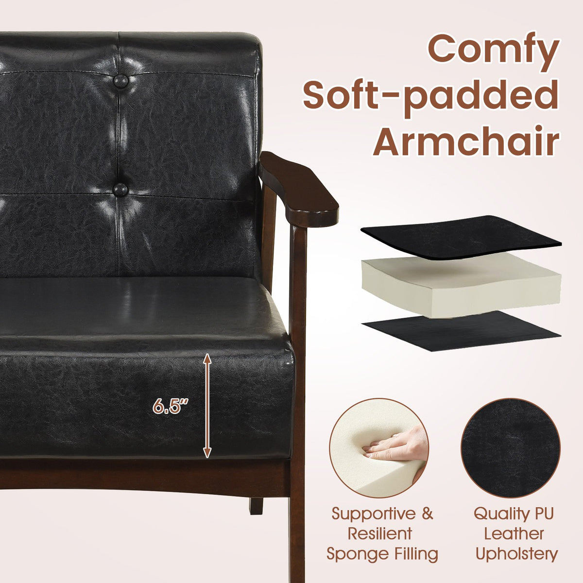 Rubber Wood Frame Accent Chair with Armrest for Living Room-Black view 8
