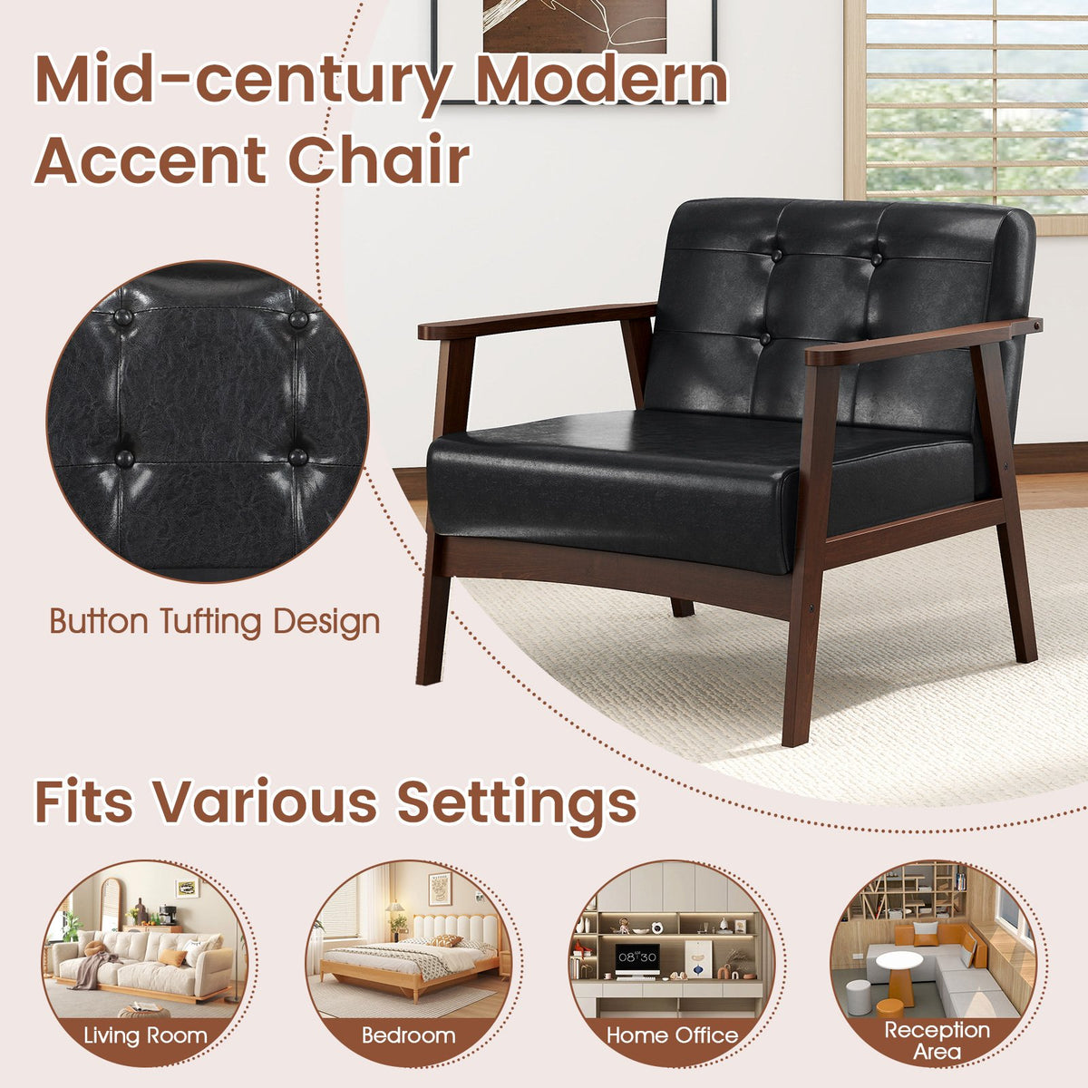 Rubber Wood Frame Accent Chair with Armrest for Living Room-Black view 9